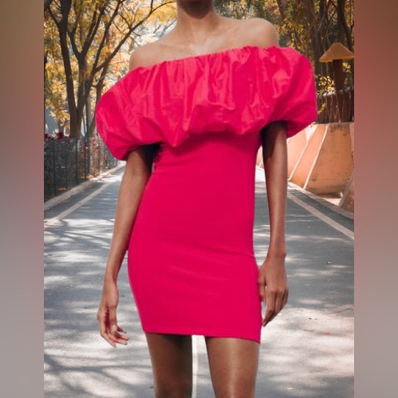 Zara NWT pink bubble puff off shoulder fitted mini dress - Picture 2 of 9